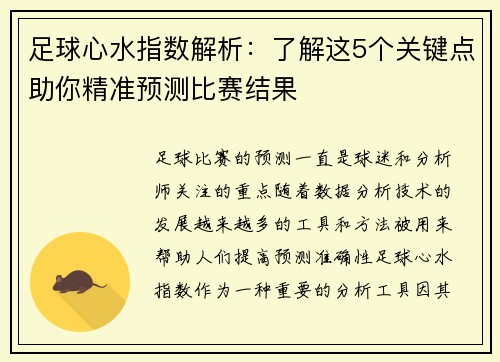 足球心水指数解析：了解这5个关键点助你精准预测比赛结果